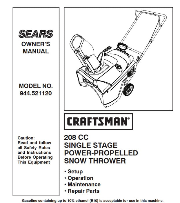 944.521120 Manual for Craftsman 208CC Single Stage Snow Thrower